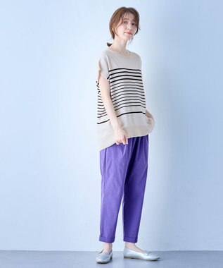 ANY L 【洗濯機可/接触冷感/UVカット/アンチピリング】フレンチスリーブニットプルオーバー サンドベージュ×ブラック