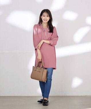 Tiaclasse L 【洗える】配色ボウタイパフ袖チュニックブラウス ピンク