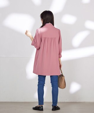 Tiaclasse L 【洗える】配色ボウタイパフ袖チュニックブラウス ピンク