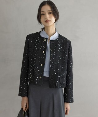 組曲 S フラワースパンコール ツイードジャケット ブラック系
