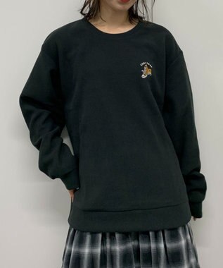 WEGO 【ユニセックス着用ITEM】ワッフルフリースOP刺繍クルートレーナー ブラック