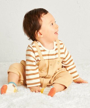 MIKI HOUSE HOT BISCUITS 【70-80cm】 ボーダー柄 重ね着風  カバーオール ベージュ