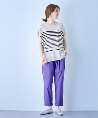 ANY 【洗濯機可/接触冷感/UVカット/アンチピリング】フレンチスリーブニットプルオーバー サンドベージュ×ブラック