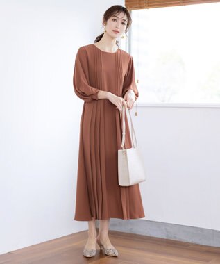 Tiaclasse L 【洗える】シンメトリープリーツワンピース ブラウン