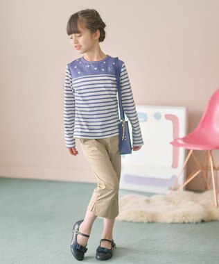 組曲 KIDS 【150-160㎝】フラワー刺繍ボーダー Tシャツ ダスクブルー系