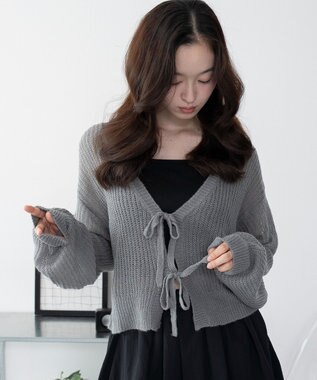 WEGO 【25年秋冬新作】モヘアタッチ2WAYリボンカーデ グレー