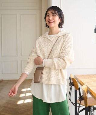 ANY 【洗濯機可】スキッパーソフトタッチアラン柄ニット オイスター