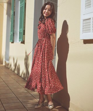 Feroux カシュクールデザイン 小花プリントワンピース レッド系