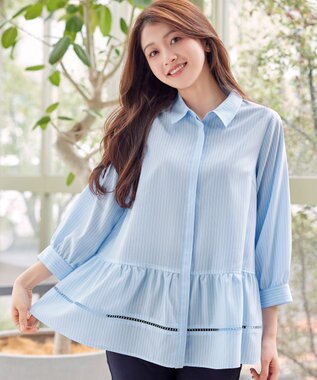 Tiaclasse はしごレースストライプシャツチュニック サックスストライプ