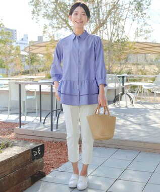 Tiaclasse はしごレースストライプシャツチュニック ネイビーストライプ