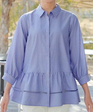Tiaclasse はしごレースストライプシャツチュニック ネイビーストライプ