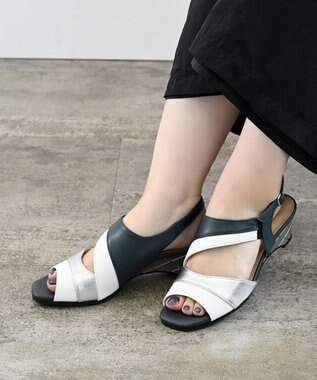 Pointer 日本製 本革ウエッジヒールサンダル ネイビー