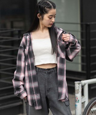 WEGO フードチェックシャツ ピンク