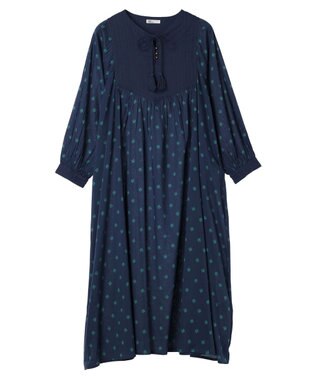 CRAFT STANDARD BOUTIQUE インド綿混キルト切替花柄ワンピース Navy