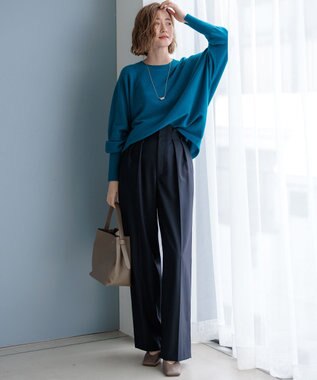 23区 L ナチュラルストレッチサキソニー タック ワイドパンツ ダークネイビー系