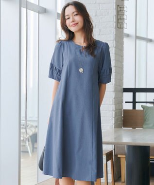 Tiaclasse L 【洗える】ギャザーランタンスリーブワンピース ブルー