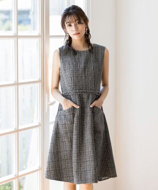 Tiaclasse 【洗える】大人華やかなツイードワンピース チャコールグレー