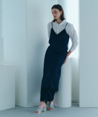 YECCA VECCA ストライプ柄レースMIXキャミワンピース Navy