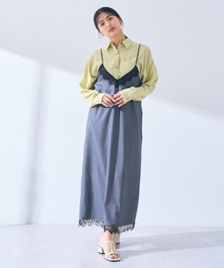 YECCA VECCA ストライプ柄レースMIXキャミワンピース Gray