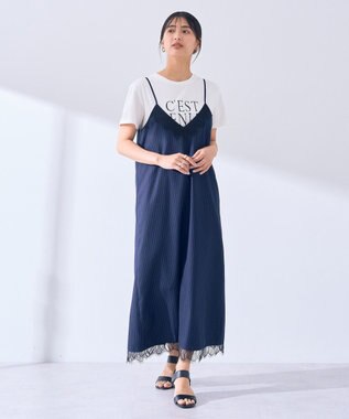 YECCA VECCA ストライプ柄レースMIXキャミワンピース Navy