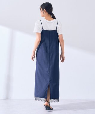 YECCA VECCA ストライプ柄レースMIXキャミワンピース Navy