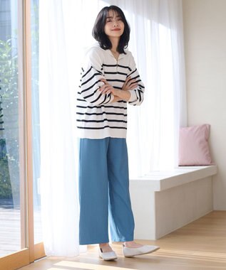 ANY L 【ウエストゴム】イージケア美脚パンツ ワイド ブルー