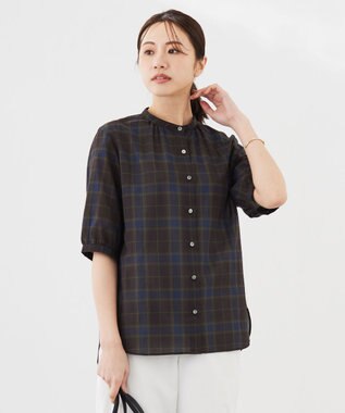 J.PRESS LADIES 【洗える】シアーマドラス バンドカラー ブラウス ダークブラウン系3