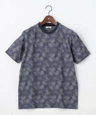 JOSEPH ABBOUD 【キングサイズ・吸水速乾】リーフ柄ジャガード クルーネック Tシャツ ダルブルー系