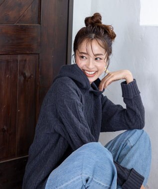 Tiaclasse 【洗える】アラン柄ニットパーカーチュニック ネイビー