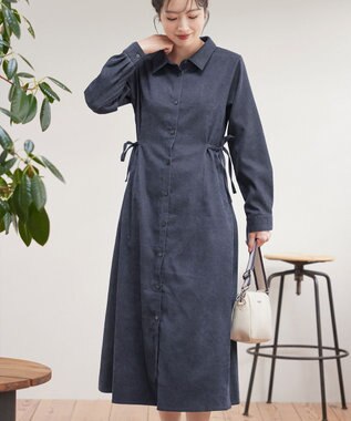 Tiaclasse L 【洗える】コーデュロイサイドリボンワンピース チャコールグレー