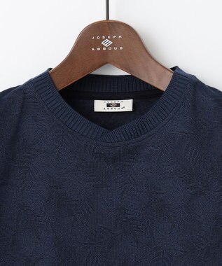 JOSEPH ABBOUD 【キングサイズ・吸水速乾】リーフ柄ジャガード クルーネック Tシャツ ネイビー系