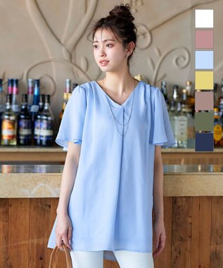  【洗える】フレアスリーブチュニックブラウス