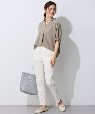 ANY 【新色追加】スキッパーネック袖タックブラウス カーキ