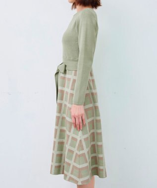 Tiaclasse 【洗える】リボンベルト付きチェック柄ニットワンピース ミント