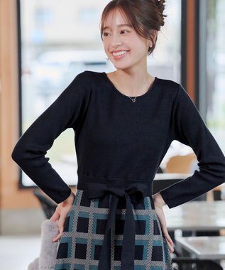 Tiaclasse 【洗える】リボンベルト付きチェック柄ニットワンピース ネイビー