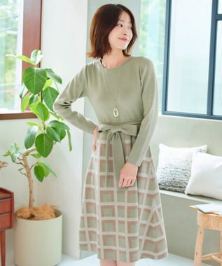 Tiaclasse 【洗える】リボンベルト付きチェック柄ニットワンピース ミント