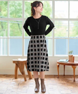 Tiaclasse 【洗える】リボンベルト付きチェック柄ニットワンピース ブラック