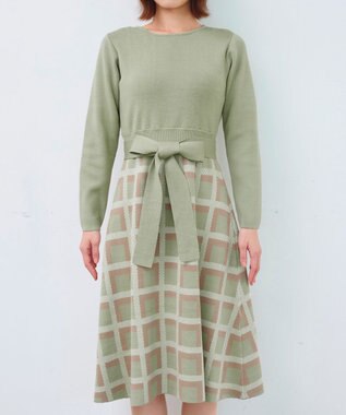 Tiaclasse 【洗える】リボンベルト付きチェック柄ニットワンピース ミント