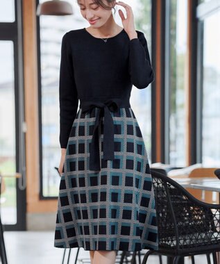 Tiaclasse 【洗える】リボンベルト付きチェック柄ニットワンピース ネイビー