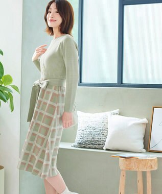 Tiaclasse 【洗える】リボンベルト付きチェック柄ニットワンピース ミント