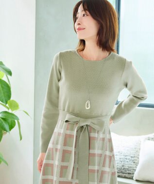 Tiaclasse 【洗える】リボンベルト付きチェック柄ニットワンピース ミント