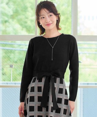 Tiaclasse 【洗える】リボンベルト付きチェック柄ニットワンピース ブラック