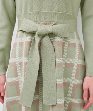 Tiaclasse 【洗える】リボンベルト付きチェック柄ニットワンピース ミント