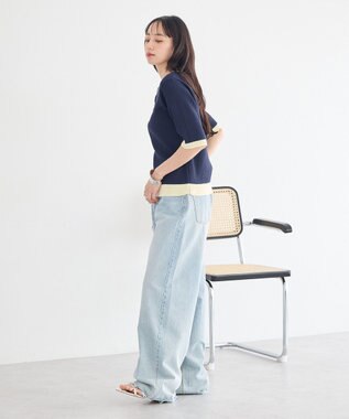 earth music&ecology ヘンリーネック半袖ニットプルオーバー Navy