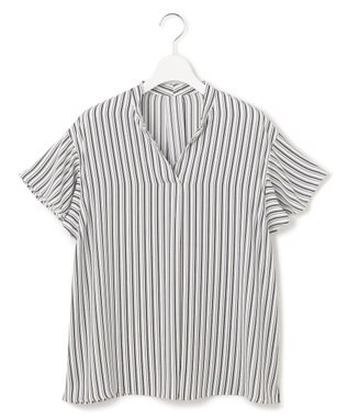 23区 【洗える】ランダムストライププリント キーネック ブラウス ホワイト系ストライプ