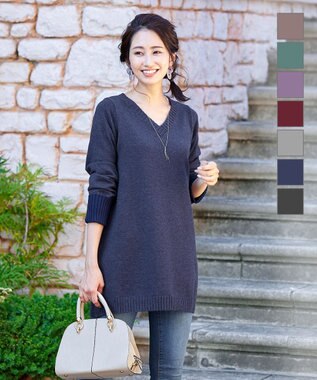 Tiaclasse L 【洗える】幅広く活躍が期待できるVネックリブニットチュニック ネイビー×ネイビー