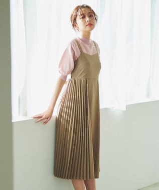 Feroux 【洗える】プリーツコンビ ジャンパースカート ベージュ系