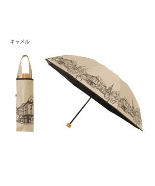 MOONBAT 【遮光100%/収納バッグ付き】SOLFEGE MODE  晴雨兼用 折りたたみ日傘 街並プリント キャメル