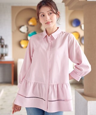 Tiaclasse はしごレースストライプシャツチュニック ピンクストライプ