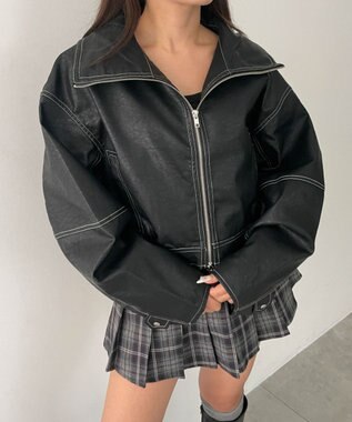 WEGO 配色ステッチWZIPショートブルゾン ブラック